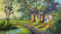 Hanif Shahzad, Village Old Trees, 14 x 26 Inch, Oil on Canvas,  Landscape Painting, AC-HNS-115